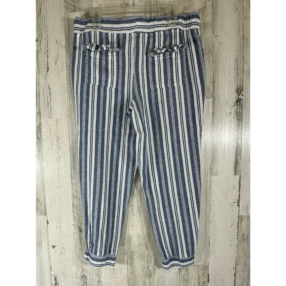 Per Se Womens Linen Blend Cropped Pants Medium Drawstring (34x25.5) Blue Stripe‎